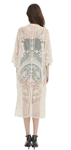 marysgift Swimsuit Coverup for Women Bathing Suit Kimono Cardigan Lace Swimwear Floral Crochet Beach Dress Beige