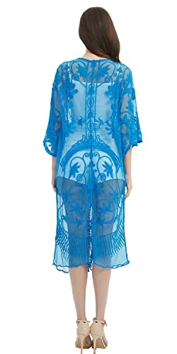 marysgift Women's Kimono Plus Size Cardigan Bathing Suit Long Sleeve Embroidered Swimsuit Cover-Up Dark Blue