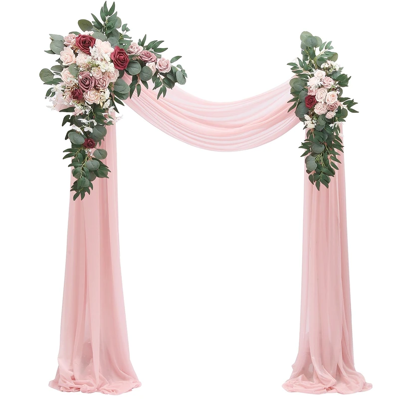 Floroom Arch Flowers with Drapes Kit (Pack of 4) - 2pcs Artificial Dusty Rose & Burgundy Floral Swag Arrangement with 2pcs Draping Fabric for Wedding Ceremony Arbor and Reception Backdrop Decoration