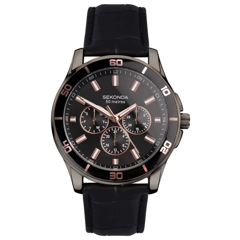 Sekonda Midnight Men’s 44mm Quartz Watch in Black with Analogue Display, and Black Leather Strap 30026 - Image 1