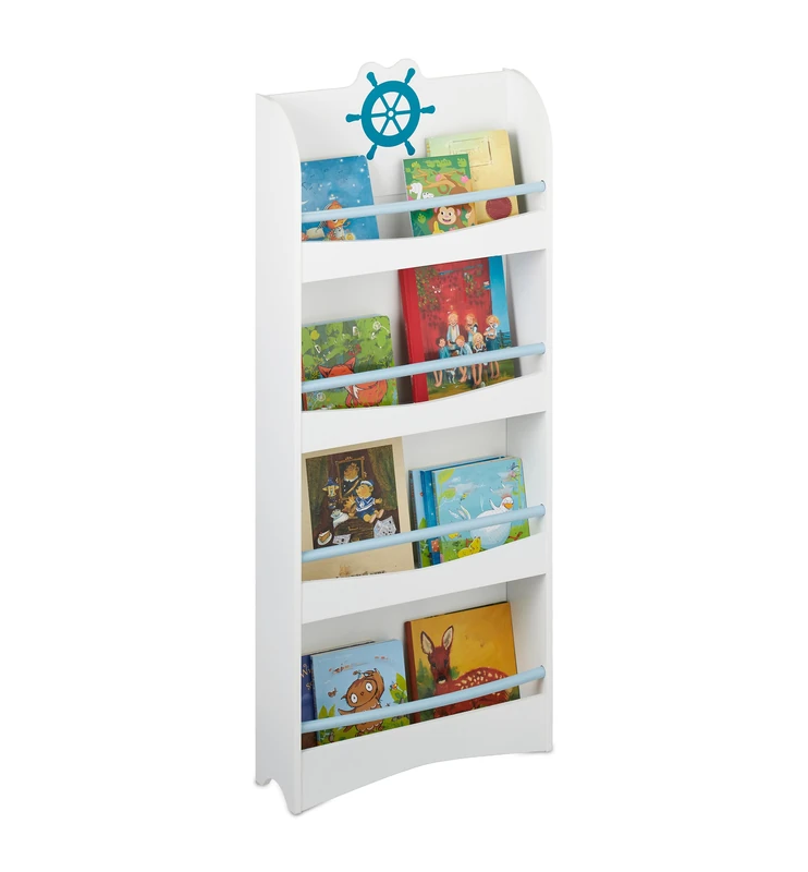 Relaxdays Children's Bookcase, 4 Narrow Compartments, MDF, Maritime Design Shelf, HWD: 124 x 50.5 x 15 cm, White/Blue, Fibreboard