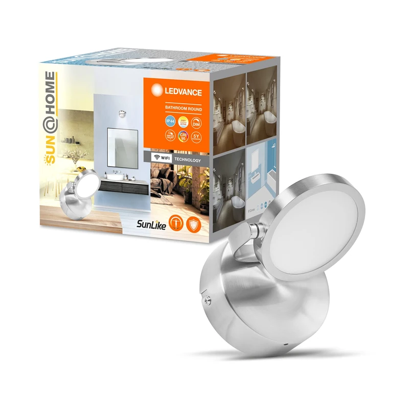 LEDVANCE Sun@Home Bathroom Light 110mm IP44, 7.5W, 520lm, Adjustable White Light (2200K to 5000K), steplessly controllable, dimmable, Automatically adapts Light to biorhythm, IP44 Protection, Chrome
