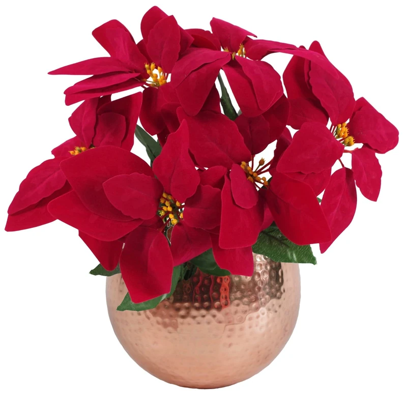 Leaf Artificial Christmas Xmas Red Poinsettia 40cm Houseplant in Pot, Silk, Copper Straight Edge