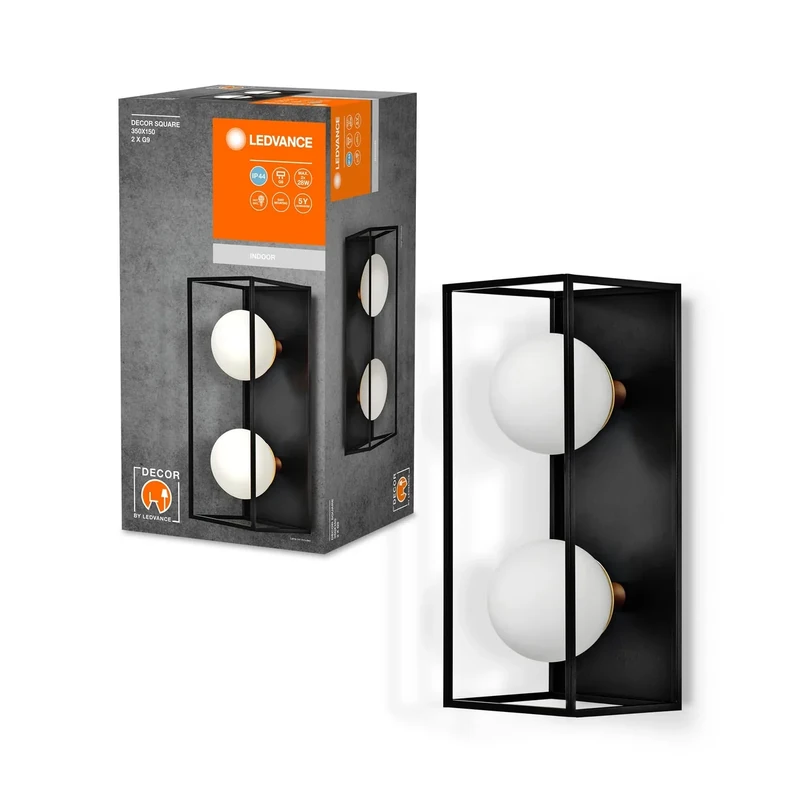 LEDVANCE Decor Square Bathroom Wall Light, 350X150 IP44, Black, G9 Base for lamp Replacement, can be Fitted with a Normal or Smart lamp, IP20 Protection