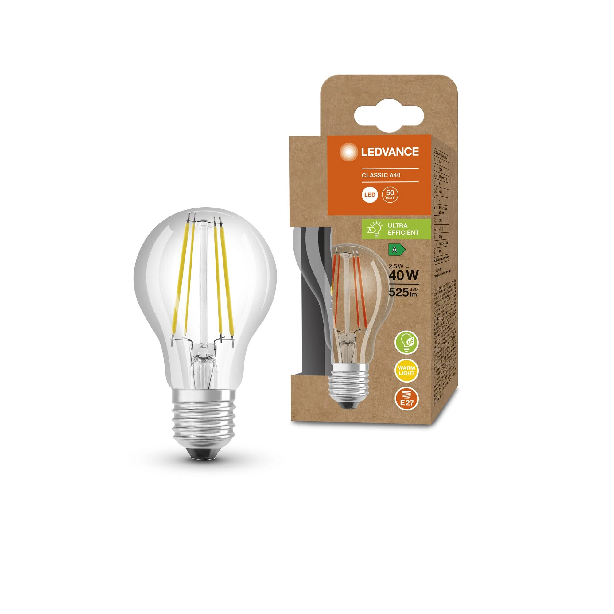 LEDVANCE LED Energy Saving lamp, Glass Filament Bulb, E27, Warm White (3000K), 2.5 watts, Replaces 40W Bulb, Highly efficient and Energy-Saving, Pack of 1