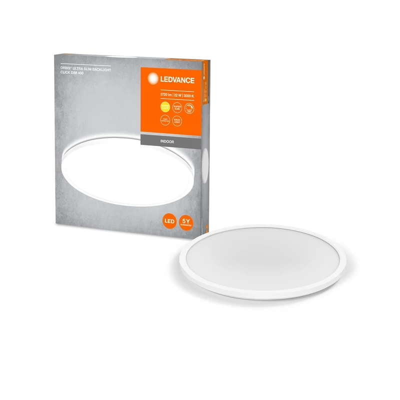 LEDVANCE ORBIS Ultra Slim Ceiling Light 400mm, White, 22W, 2720lm, homogeneous, Warm White Light (3000K) + Backlight, Three-Stage dimming via wall Switch, Ultra-Slim, IP20 Protection