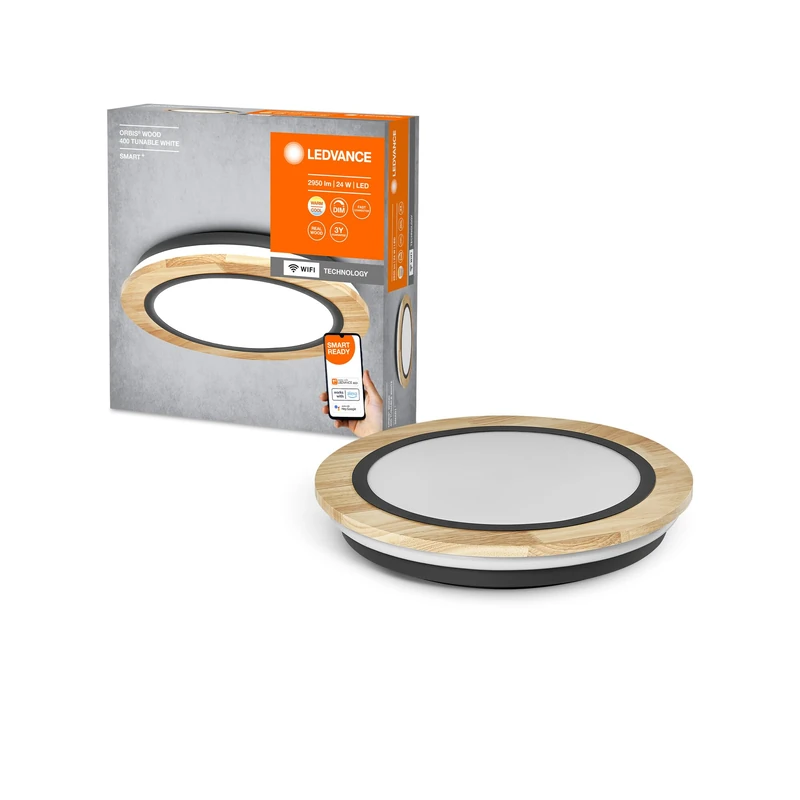 LEDVANCE Smart+ ORBIS Wood WiFi Ceiling Light, 24W, 2950lm, 400mm, Adjustable White Light (2700K-6500K), dimmable, FSC-Certified Wood, app controllable, Compatible with Amazon, Google, etc.
