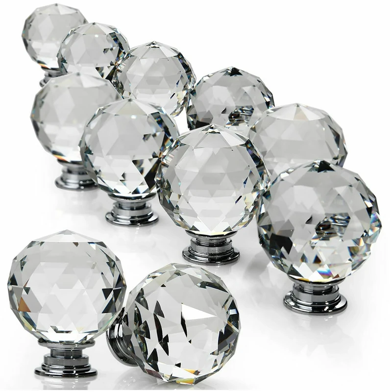 ZENO 30MM Clear Crystal Diamond Glass Door Knobs Handle Cupboard Pull Drawer Kitchen Cabinet Drawer Knob + Screw Set Home Decorating for Bedroom Furniture, Bedside Cabinet, Dresser Unit and Chest (12)