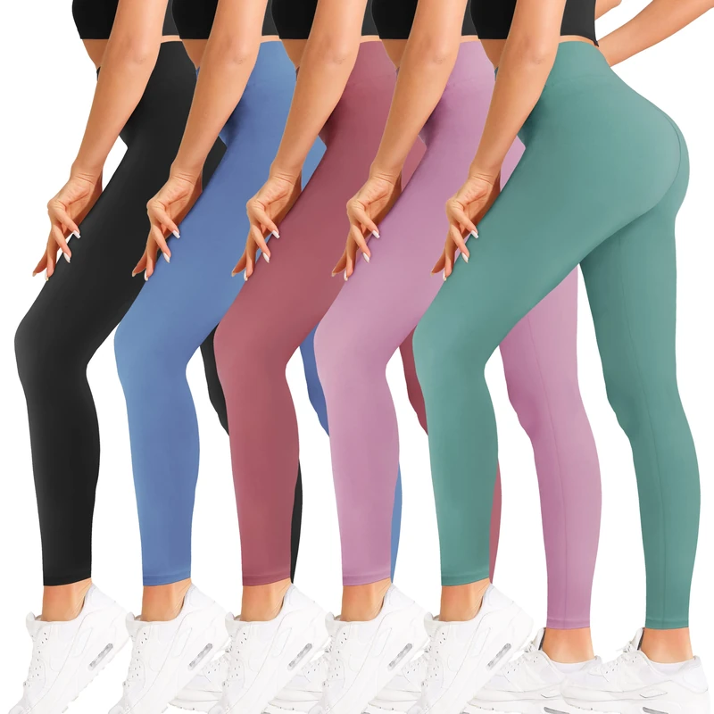 Natural Feelings Buttercloud High Waisted Leggings for Women Ultra Soft Stretch Slim Yoga Leggings, 5 Pack - Black/Blue/Dark Pink/Lavender/Ins Green, Large-X-Large