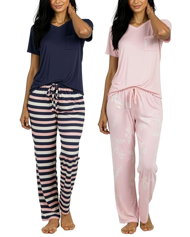 Real Essentials 2 Pack: Women's Pajama Set - Choose from Short Sleeve with Pocket or Long Sleeve without Pocket, Set K Navy & Pink, M
