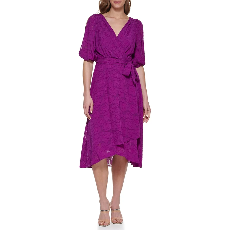 DKNY Women's Asymmetrical Hem Faux Wrap Dress, Magnolia, 16