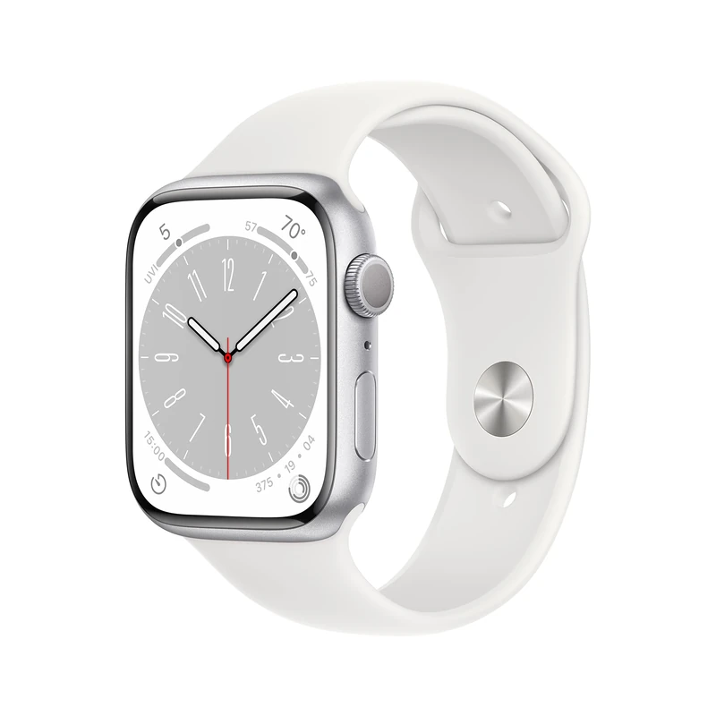 Apple Watch Series 8 (GPS 45mm) Smart watch - Silver Aluminium Case with White Sport Band - Regular. Fitness Tracker, Blood Oxygen & ECG Apps, Water Resistant