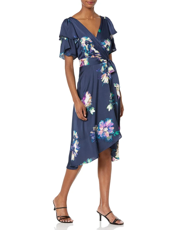 DKNY Women's Double Ruffle Sleeve Asymmetrical Hem Faux Wrap Dress, Midnight Combo, 12