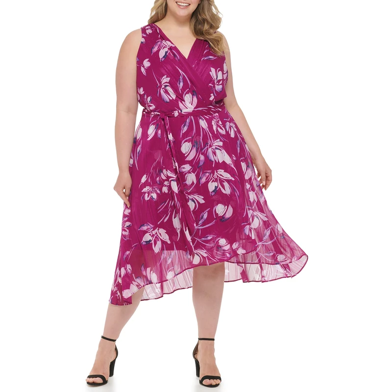 DKNY Women's Sleeveless Faux Wrap Dress, Berry Multi, 14