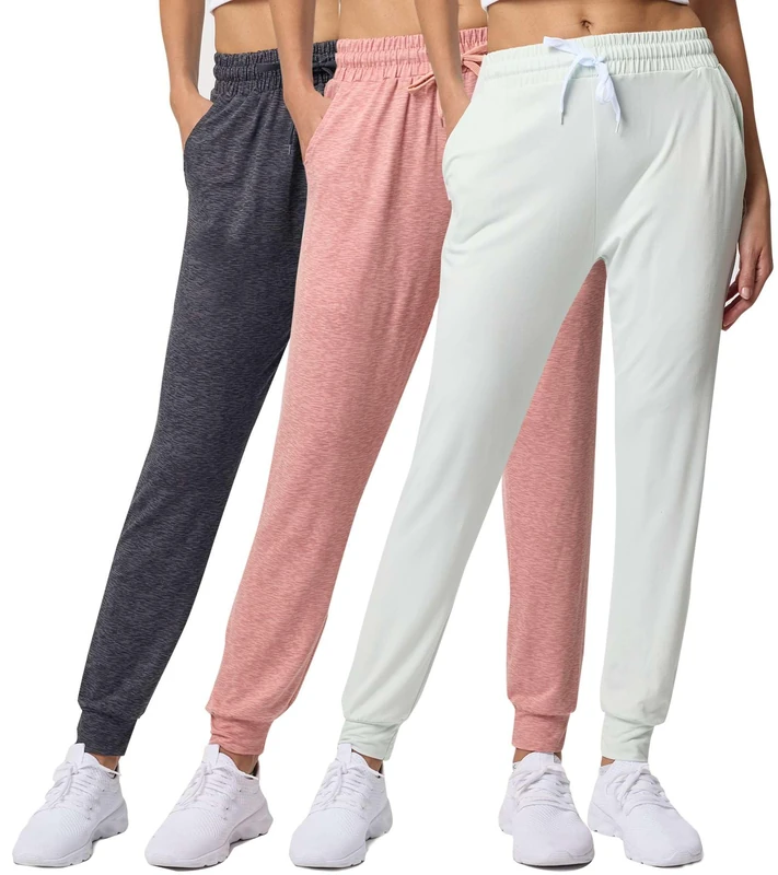 Real Essentials 3 Pack: Women's Ultra-Soft Lounge Joggers Athletic Yoga Pants with Pockets & Drawstring (Available in Plus Size), Set 10, L