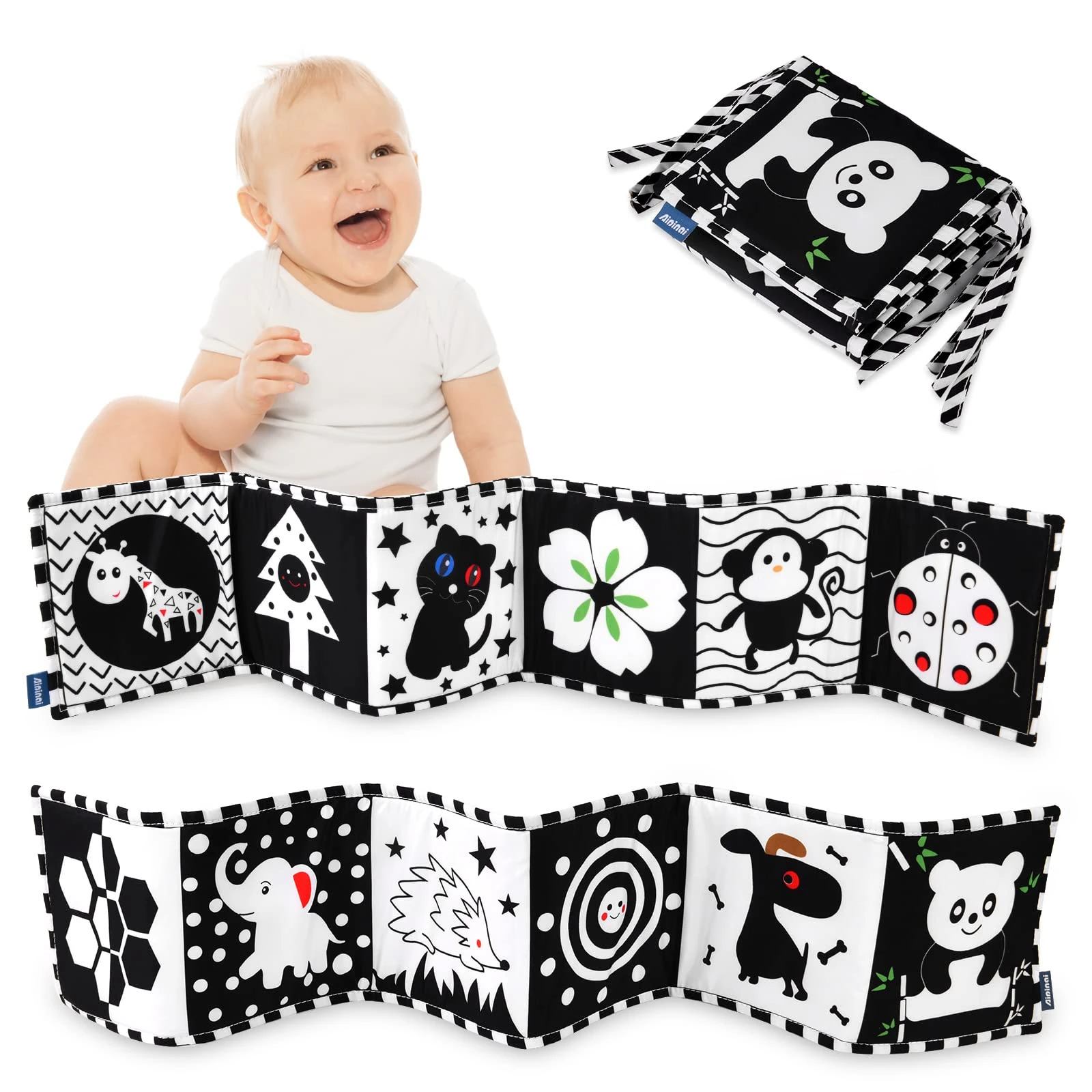 Vicloon Baby Black and White High Contrast Cloth Book - Foldable Touch and Feel Crinkle Fabric for Early Learning