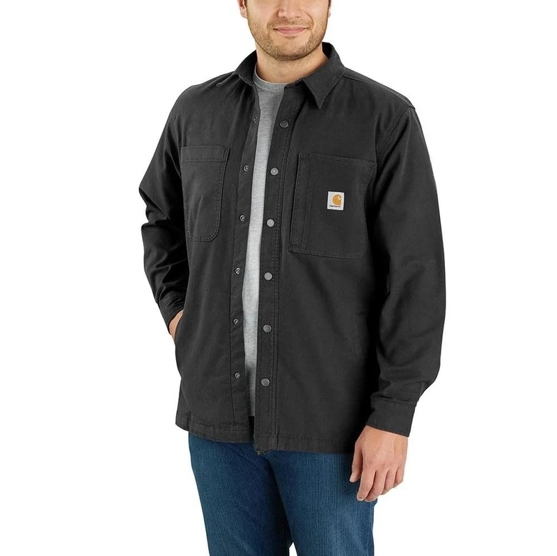 Carhartt Men's Rugged Flex™ Relaxed Fit Canvas Fleece-Lined Snap-Front Shirt Jac, Black, XL