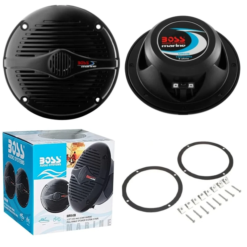 2 marine speakers BOSS AUDIO SYSTEMS MR50B 2-way black 5.25" 13.5 cm 135 mm 75 watt rms 150 watt max waterproof sea swimming pool boat hotel, per pair