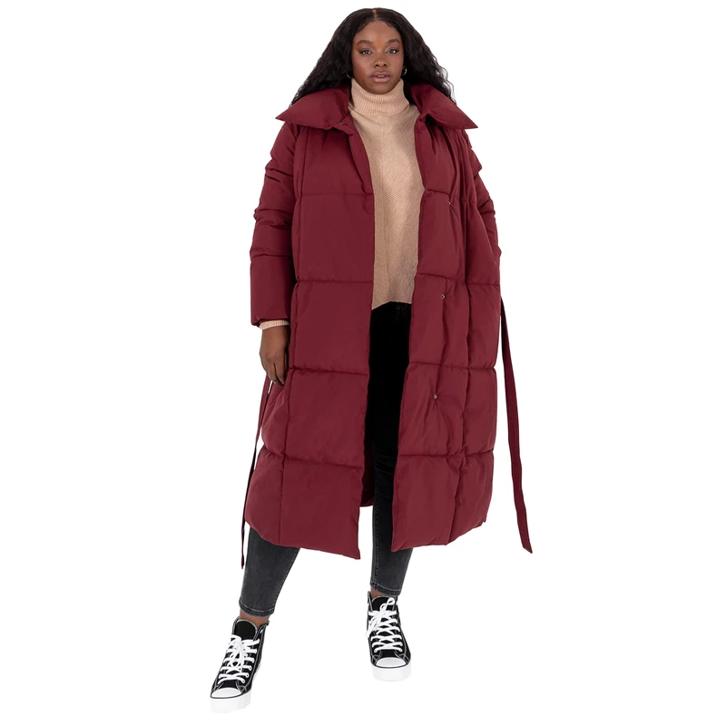 Lovedrobe Womens Ladies Long Jacket Quilted With Belt Pockets Hoodless Collar Cuffed Sleeve Waterproof Winter Coat, Berry, 16 UK