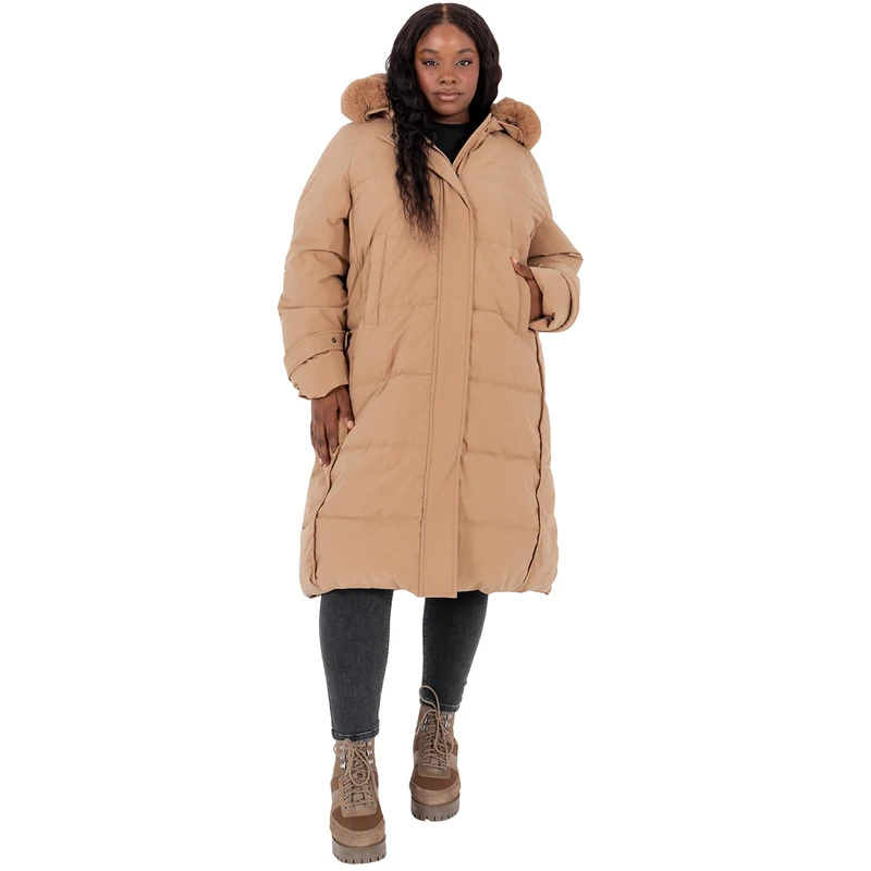 Lovedrobe Womens Ladies Plus Size Winter Jacket For Curve With Detachable Faux Fur Pockets Hooded Puffed Quilted Coat, Mink, 16 UK