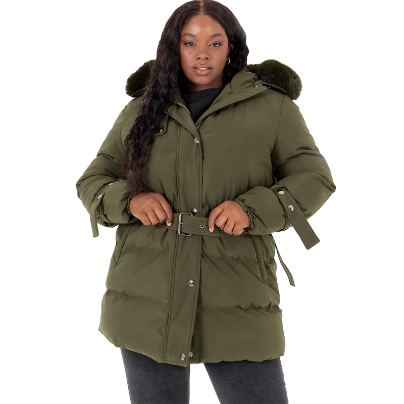 Lovedrobe Women's Plus Size Jacket Quilted with Zip Pocket Waterproof Hood Belt Faux Fur Mini Length Warm Coat, khaki, 26