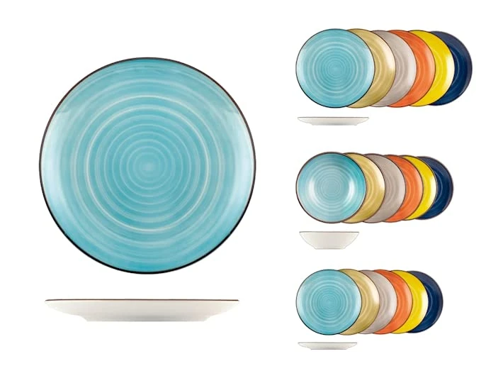 H&H Caribe Dinner Set, 18 Stoneware Plates, Assorted Colours, Dishwasher, Cheerful Table, Summer