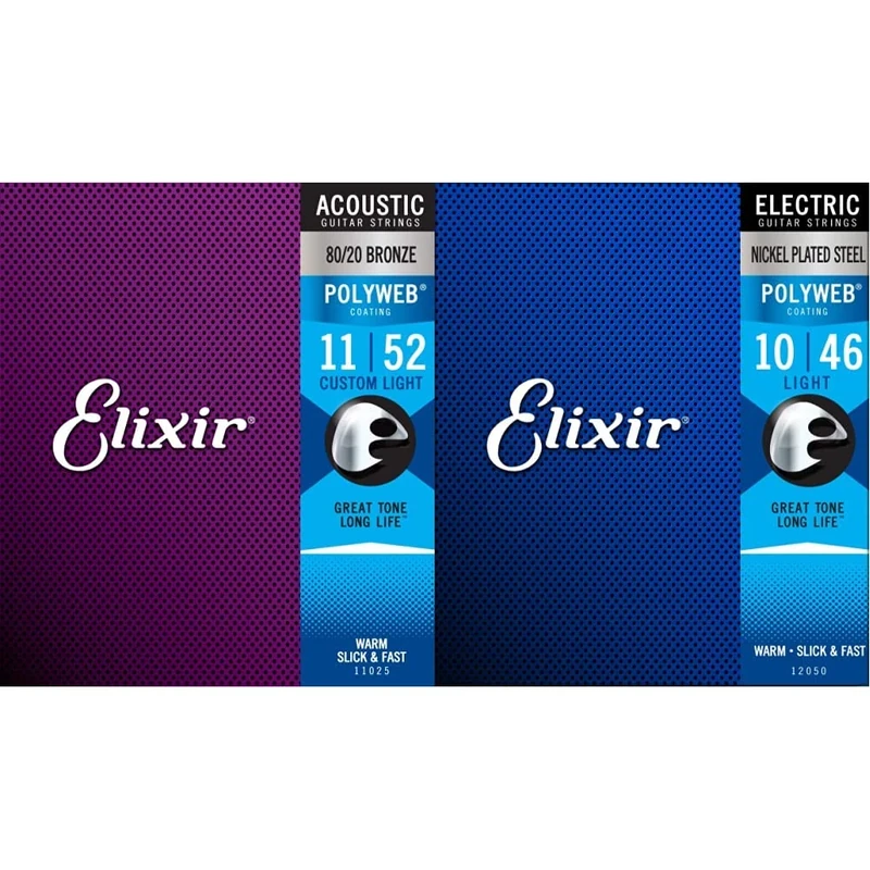 Elixir 11025 Strings 80/20 Bronze Acoustic Guitar Strings w POLYWEB Coating, Custom Light (.011-.052) & 12050 Strings Electric Guitar Strings w POLYWEB Coating, Light (.010-.046)