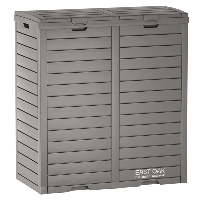 EAST OAK 62 Gallon Outdoor Trash Can, Waterproof Resin Garbage Can with Tiered Lid and Drip Tray, Outside Trash Bin for Patio, Backyard, Deck, Grey