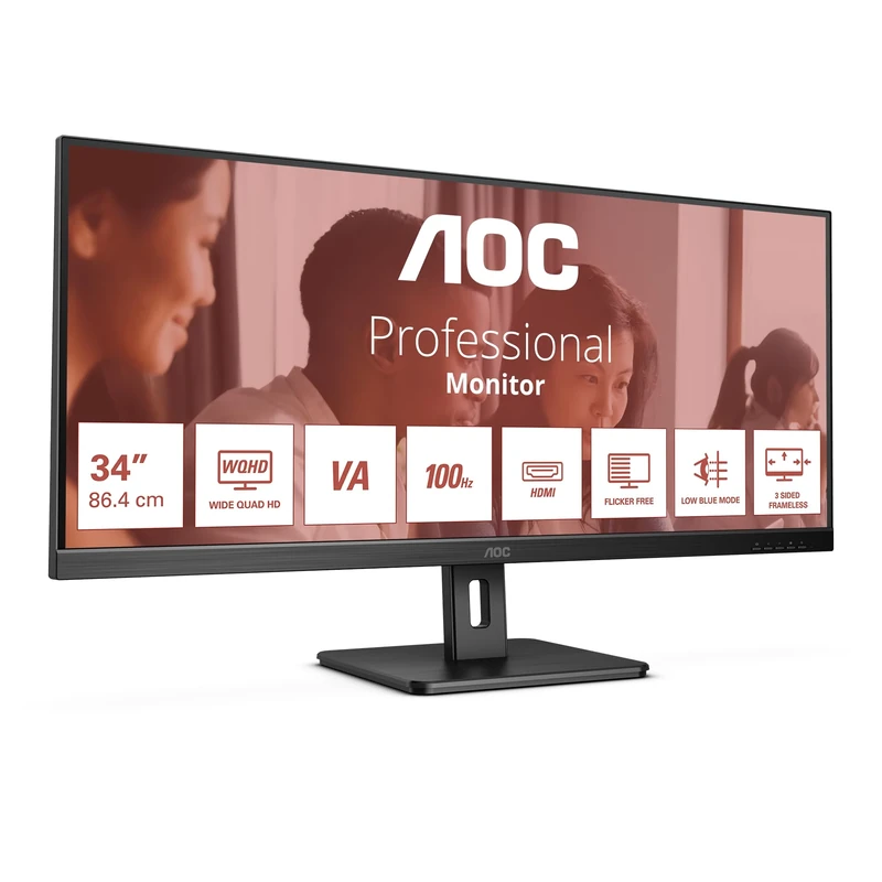 AOC U34E2M - 34" QHD Monitor, 100Hz, VA, 4ms, Low blue Light, Adaptive Sync, Flicker Free, Vesa mountable, Tilt (3440 x 1440 @ 100Hz, 300 d/m², HDMI 2.0 / DP 1.2 ), Black
