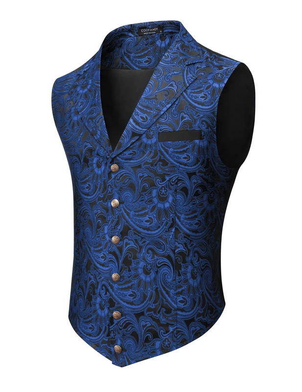 COOFANDY Mens Suit Vest Paisley Floral Victorian Vests Gothic Steampunk Formal Waistcoat Tuxedo Vests with Notched Lapels, Blue, Large