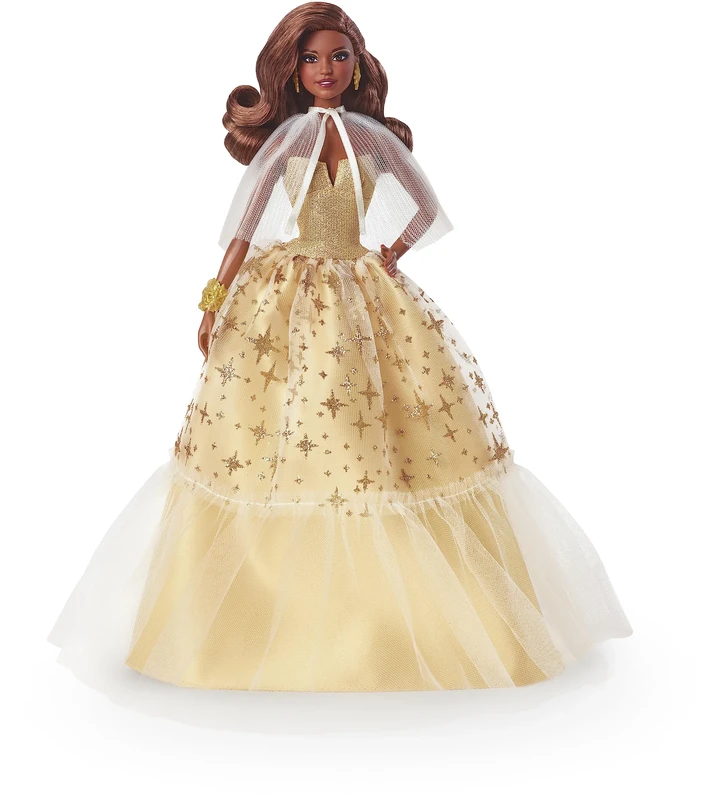2023 Holiday Barbie Doll, Seasonal Collector Gift, Barbie Signature, Golden Gown and Displayable Packaging, Dark Brown Hair, HJX05