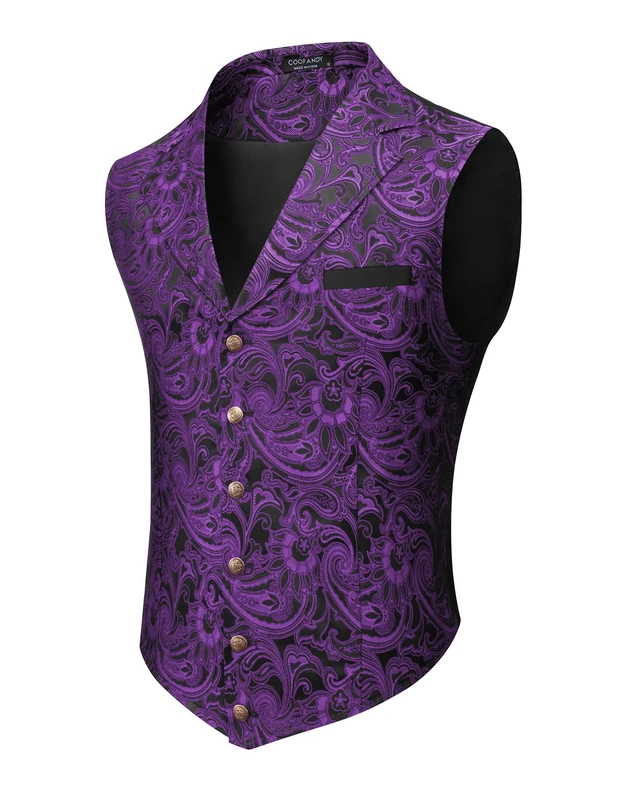 COOFANDY Mens Suit Vest Paisley Floral Victorian Vests Gothic Steampunk Formal Waistcoat Tuxedo Vests with Notched Lapels, Purple, Small