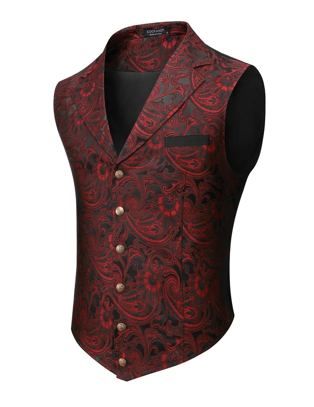COOFANDY Mens Suit Vest Paisley Floral Victorian Vests Gothic Steampunk Formal Waistcoat Tuxedo Vests with Notched Lapels, Wine Red, Large