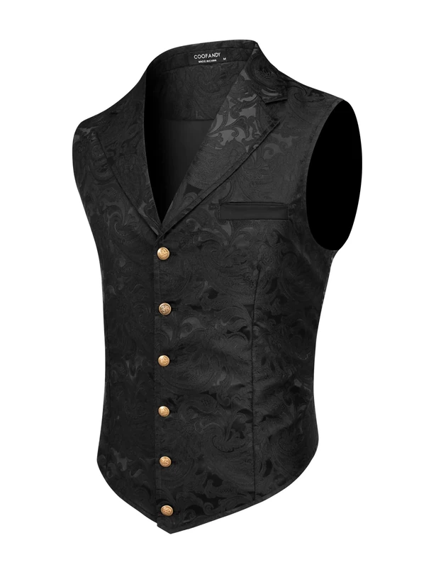 COOFANDY Mens Suit Vest Paisley Floral Victorian Vests Gothic Steampunk Formal Waistcoat Tuxedo Vests with Notched Lapels, Black, Medium