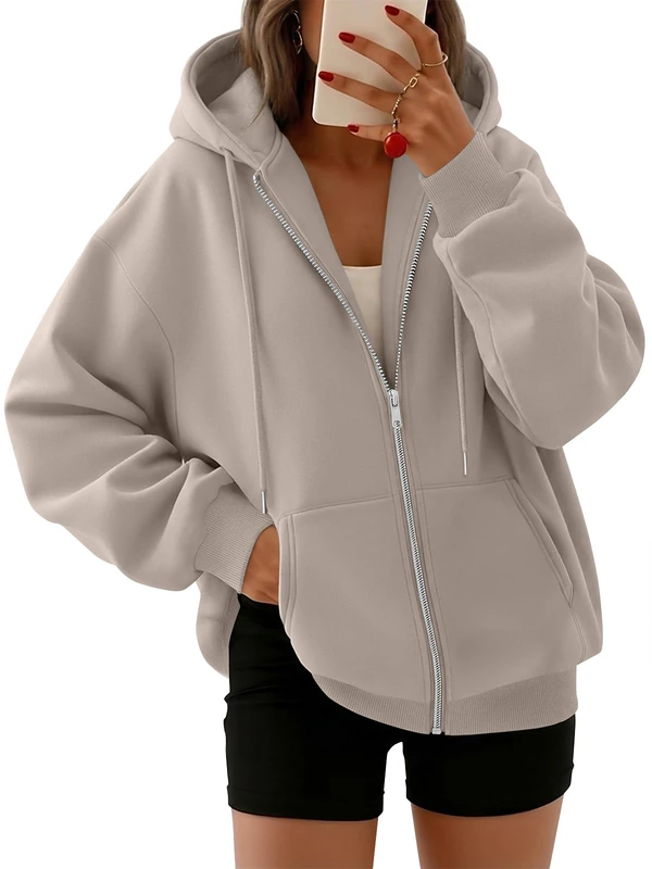 Trendy Queen Womens Zip Up Hoodies Oversized Sweatshirts Fall Fashion Outfits Sweaters Casual Jackets 2024 Winter Clothes, Nutmeg, S
