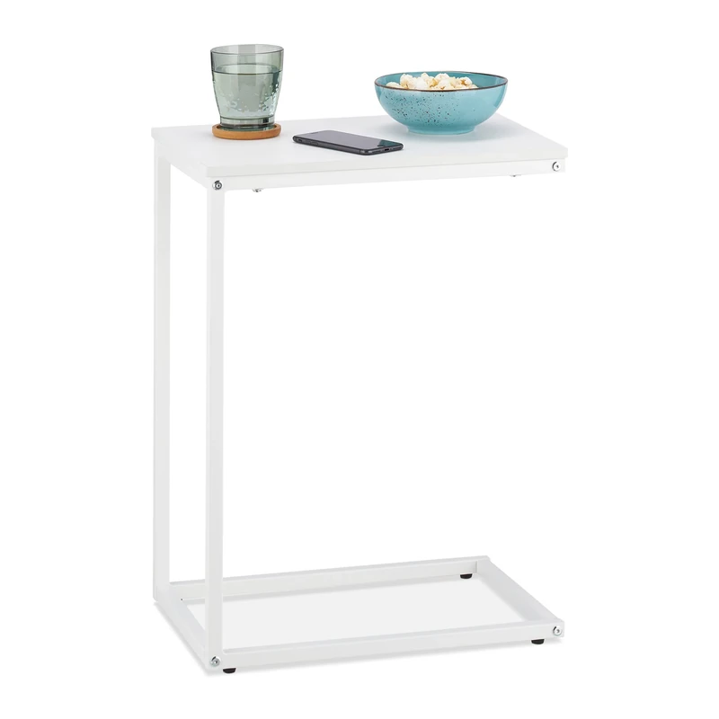 Relaxdays C-Shaped Side Table, HWD: 60 x 30 x 45 cm, Laptop Desk, Metal Frame & MDF Top, Living Room & Bedroom, White