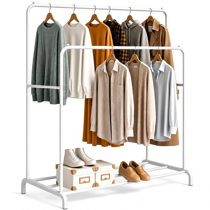 edihome, Clothes Rail, Coat Stand, Rack, Double, for Bedroom, 110X150X54 cm, Resistant, Metal, with Shoe Support, Organizer, Easy Assembly (White) - Image 1