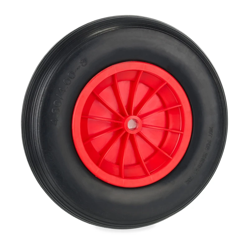 Relaxdays Wheelbarrow Wheel 4.80/4.00-8, Rubber Tyre, Plastic Rim, Puncture-Proof Replacement, up to 100 kg, Black/Red, 4.8/4-8