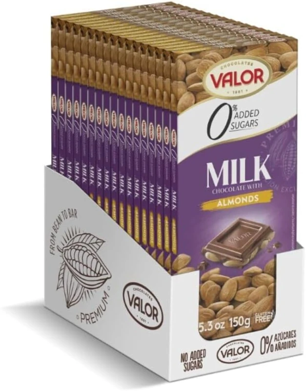 Valor Sugar Free Milk Chocolate Bar - Milk and Almonds Diabetic Chocolate Bar - Fine Cocoa, Sweetened with Stevia, Gluten Free, by Master Chocolatiers - All the Pleasure Sugar-Free, Box 14 150g Bars