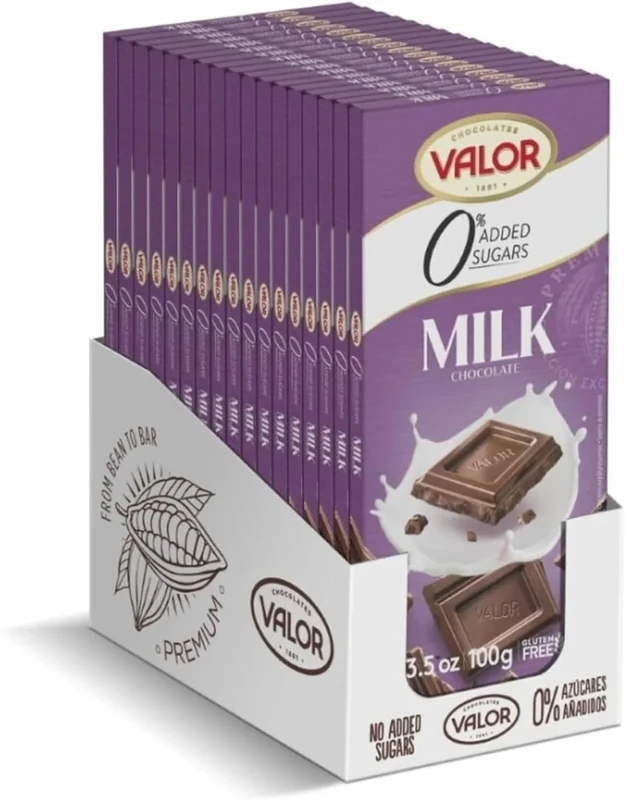 Valor Sugar Free Milk Chocolate Bar - Milk Diabetic Chocolate Bar - Made with Fine Cocoa, Sweetened with Stevia, Gluten Free, by Master Chocolatiers - All the Pleasure Sugar-Free, Box 17 100g Bars