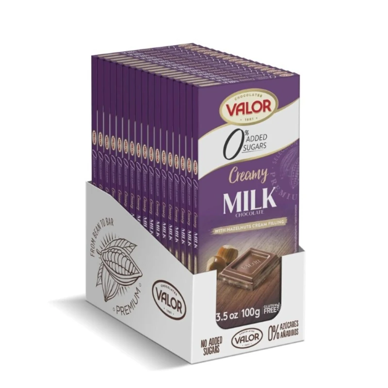 Valor Sugar Free Milk Chocolate Bar - Milk and Hazelnut Cream Diabetic Chocolate Bar - Fine Cocoa with Stevia, Gluten Free, by Master Chocolatiers - All the Pleasure Sugar-Free, Box 17 100g Bars