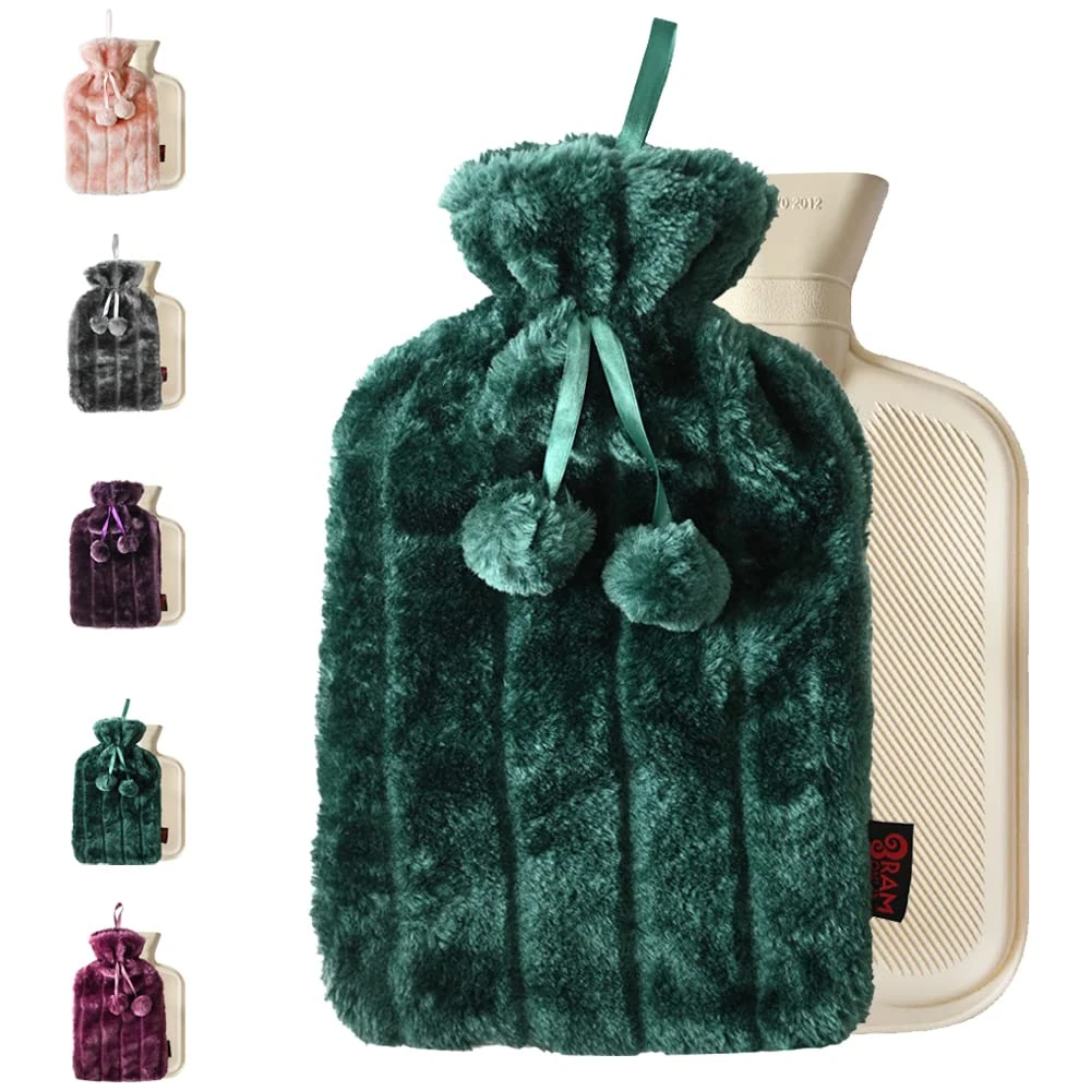 Ram® 2 Litre Cosy Green Emerald Luxury Hot Water Bottle with Faux Fur Cover and Pom Poms Green