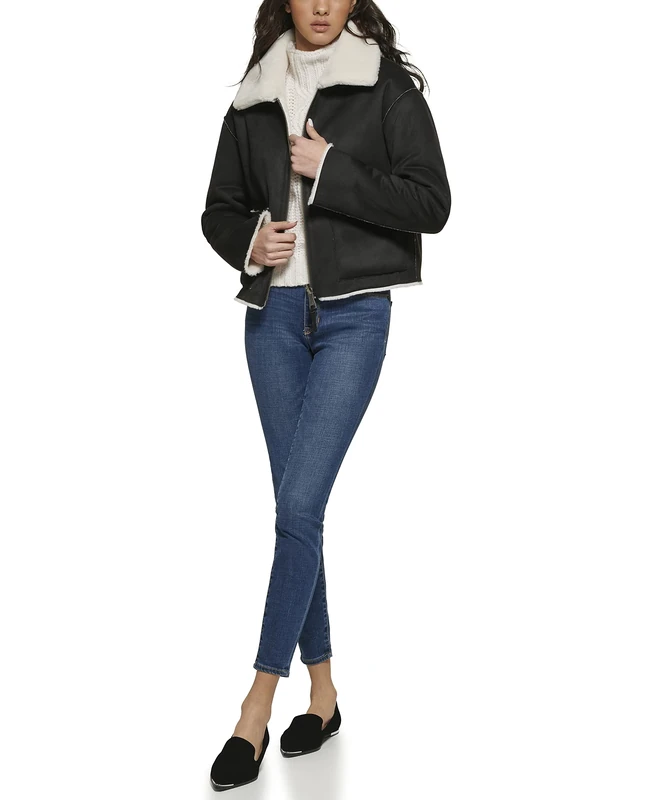 DKNY Women's Outerwear Faux Fur Zip Front with Collar Jacket, Black, L