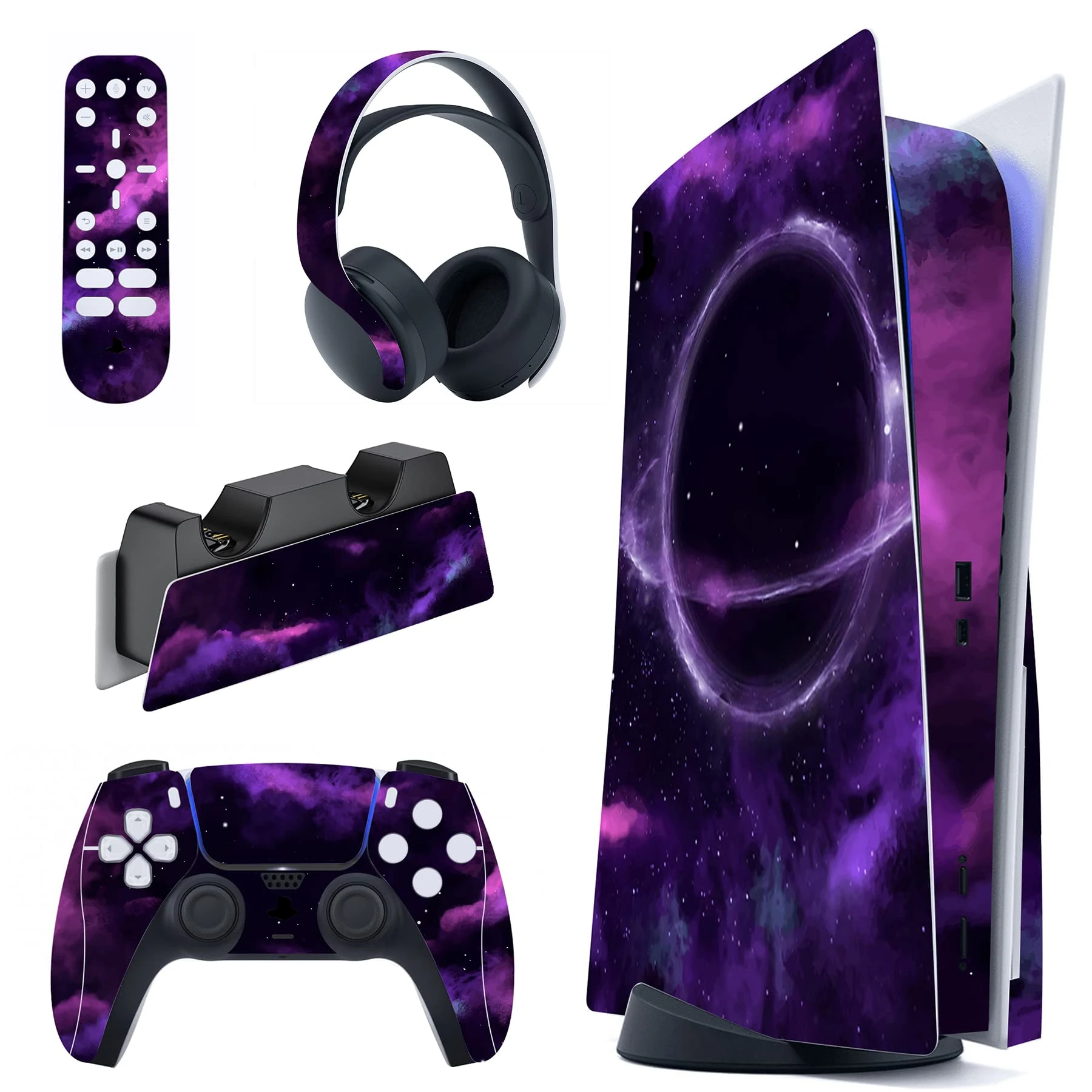 playvital Purple Deep Space Full Set Skin Decal for ps5 Console Disc Edition, Sticker Vinyl Decal Cover for ps5 Controller & Charging Station & Headset & Media Remote