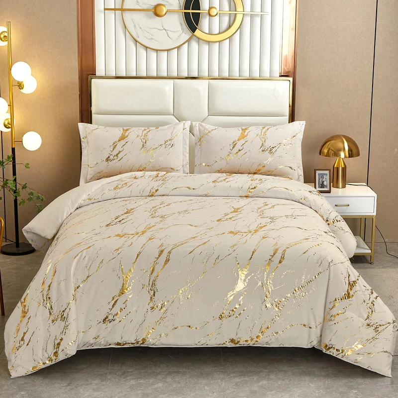 WONGS BEDDING - Shiny Metallic Gold and Khaki Marble Print Duvet Cover Set Queen Size, 2 Pillow Cases, Soft Microfiber Fill, 90" x 90"