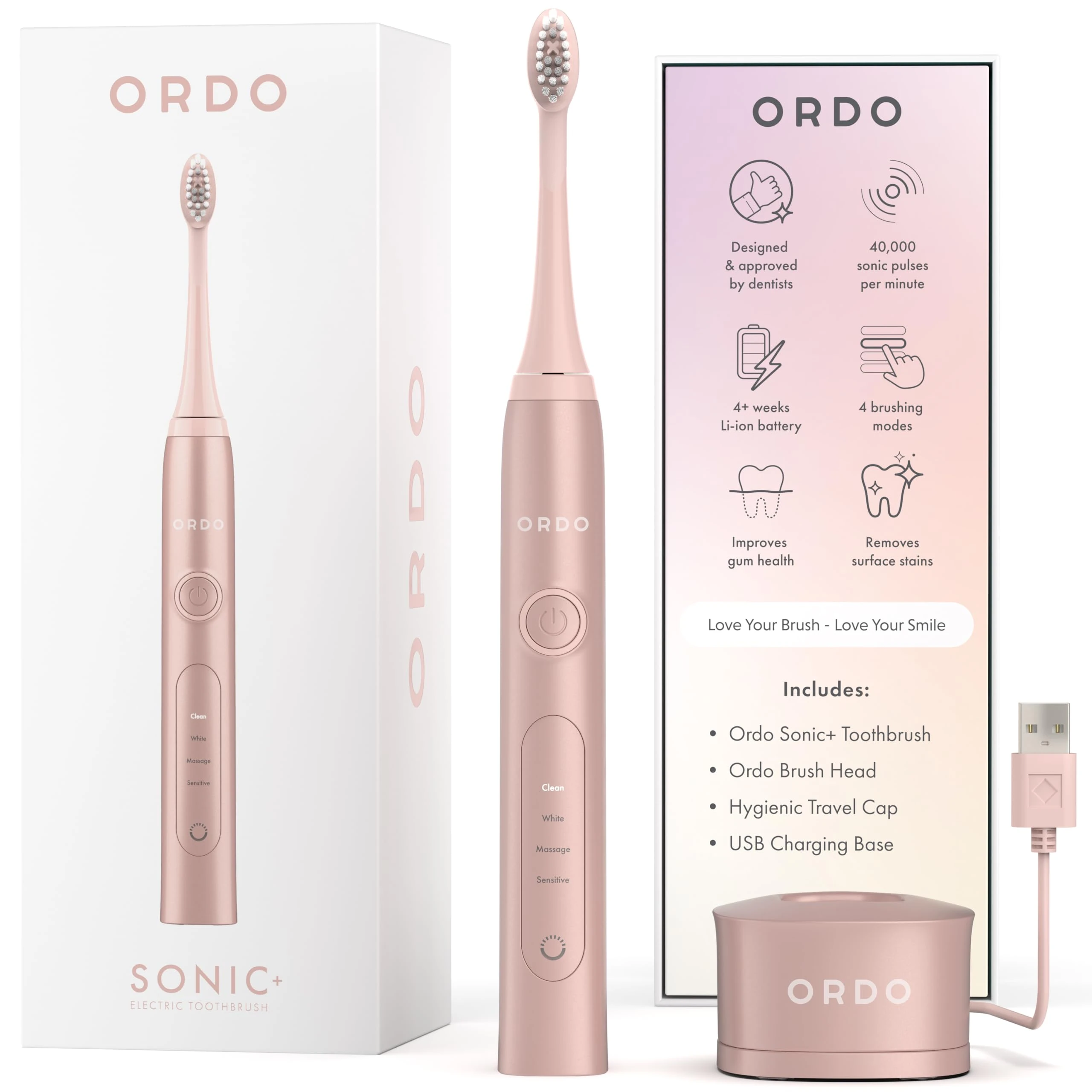 Ordo Sonic+ Electric Toothbrush for Adults, Advanced Smart Tech, 4 Brushing Modes, Fast Rechargeable, Sonic Toothbrushes Over 4 Weeks Battery Life, Silicone Polishing Element, USB Charger, Rose Gold