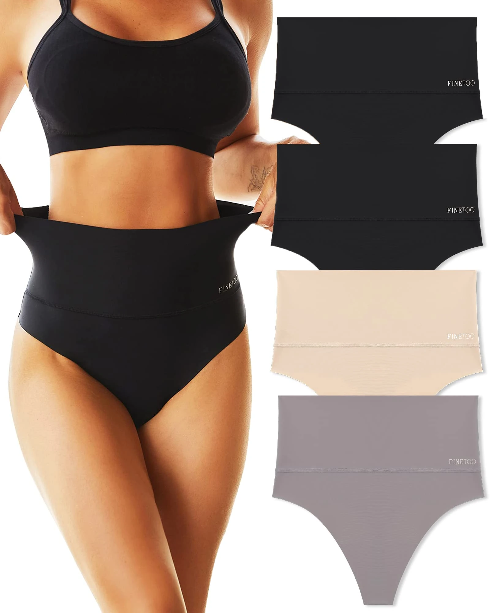 FINETOO Pack of 4 Tummy Control Underpants, Women's High Waist String Seamless Thongs High Waist Underwear Women Seamless Panties Multipack S-3XL