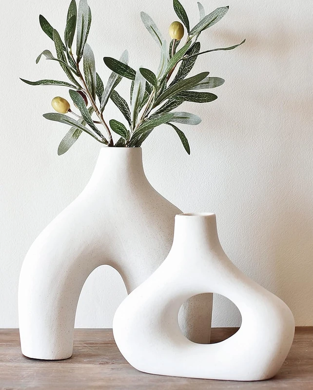 Carrot's Den Donut Vase, Set of 2 - Minimalist Nordic, White Ceramic Hollow Donut Vase Decor | Table Centerpiece, Olive Plant, Wedding, Living Room, Bookshelf, Office, Modern Home, Entryway, Console - Image 1