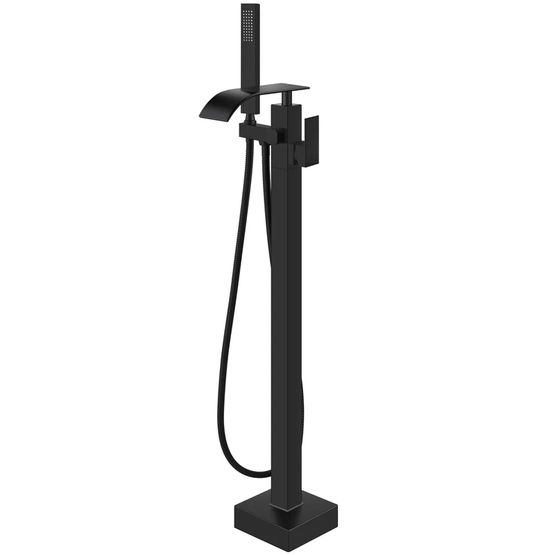 Aolemi Matte Black Freestanding Bathtub Faucet Floor Mount Tub Filler Waterfall Standing High Flow with Handheld Shower Mixer Taps Swivel Spout