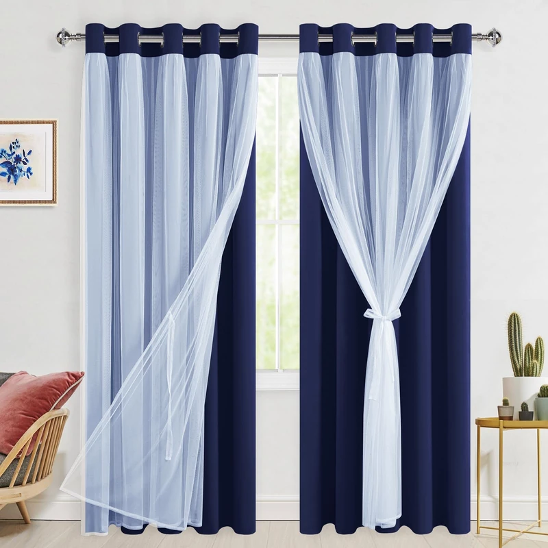 Hiasan Blackout Curtains with Sheer Overlay 84 Inches Long, Thermal Insulated Mix & Match Double Layer Window Curtains for Bedroom, Living Room, Nursery, 2 Panels with Tiebacks, Navy Blue, 60W X 84L